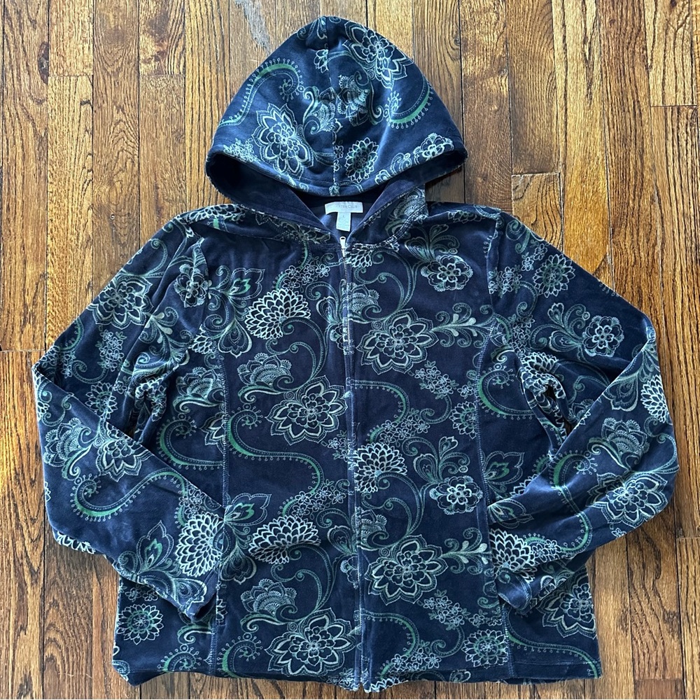 Charter Club Velour Floral Zip Hoodie - Navy with Green Accents